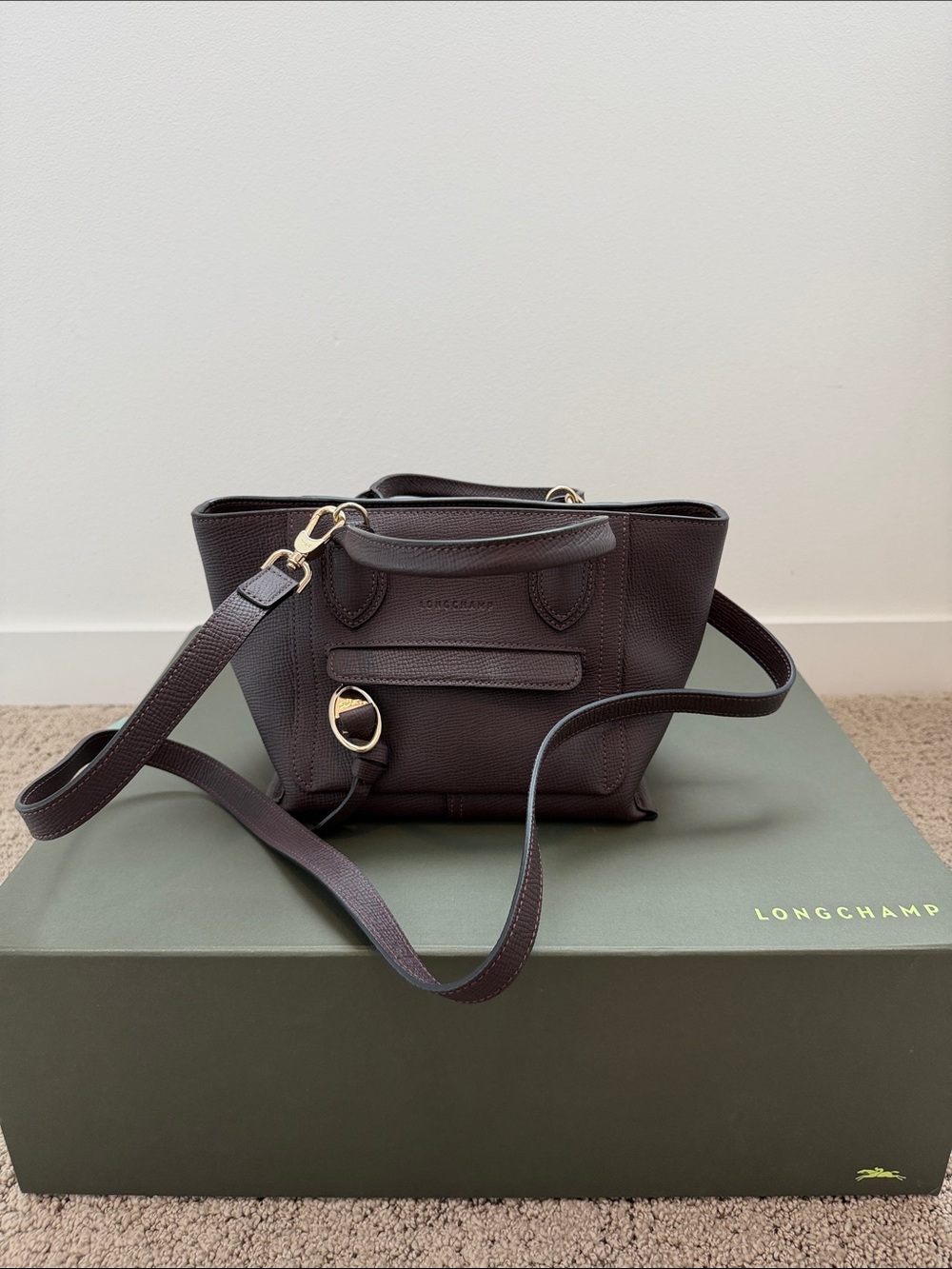 Longchamp Dark Purple Pebbled Leather Crossbody Mailbox Bag with Gold Hardware